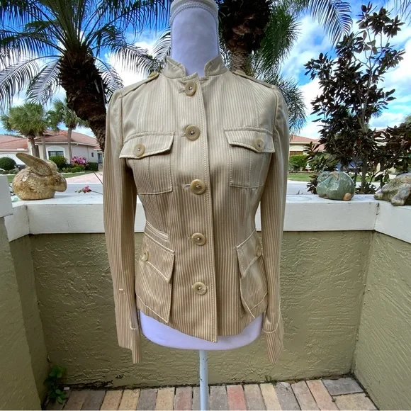32% Silk 68% CottonBanana Republic Women's Beige Striped Utility Jacket Sz 0 - Picture 2 of 10